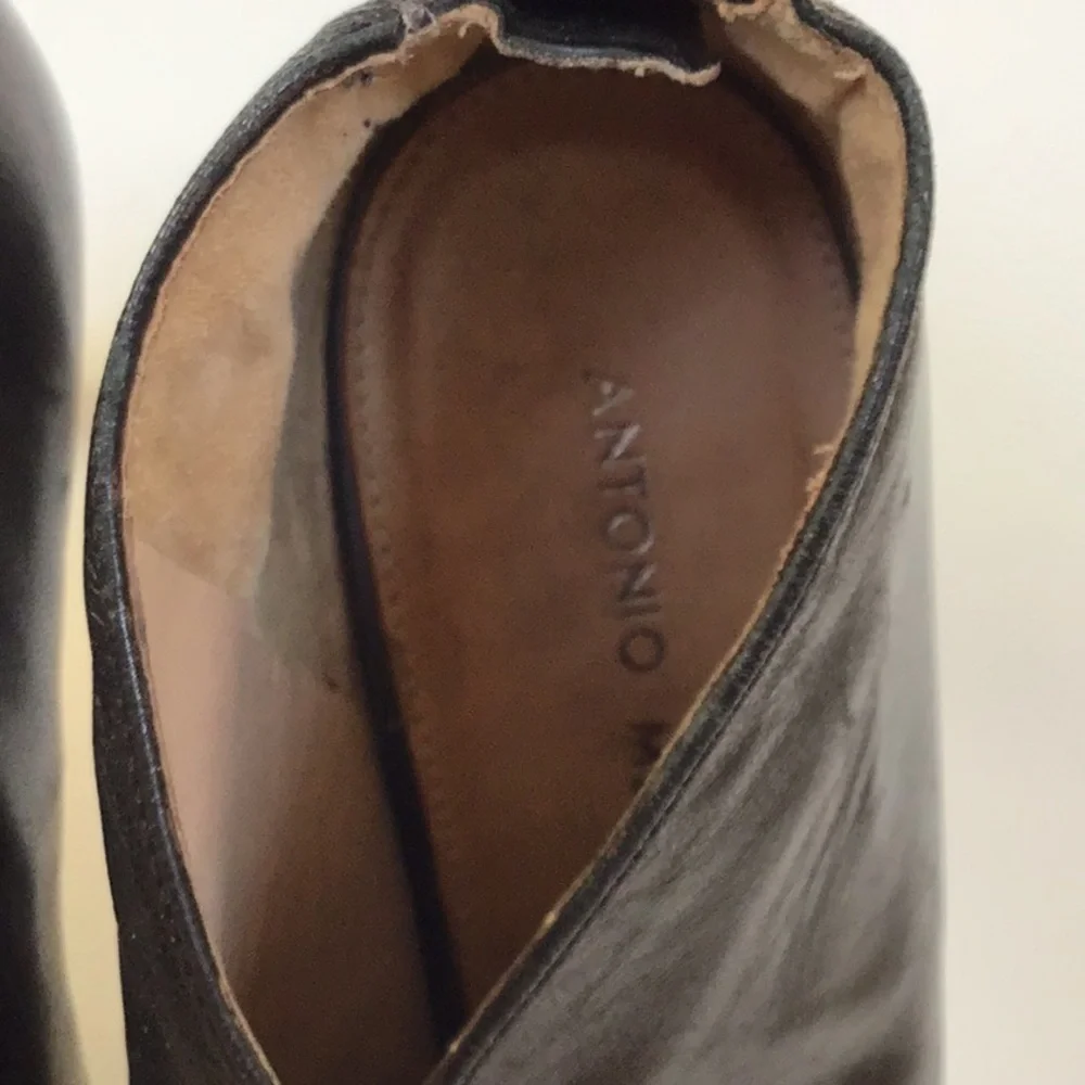 Antonio Melani Black Leather Zipper Back  Ruched Open Toe‎ High Heels 8.5